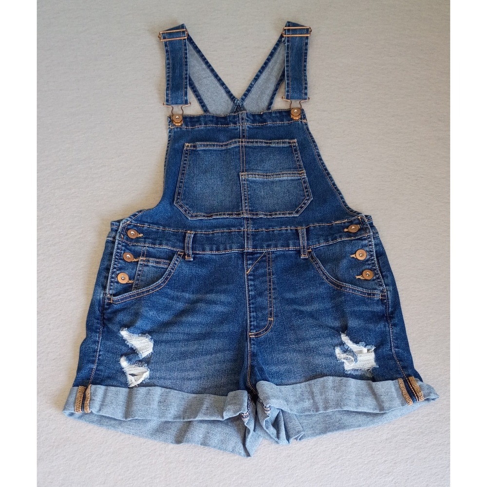 No Boundaries Womens Denim Bib Overall Shorts Size M (7-9) Distressed Stretch